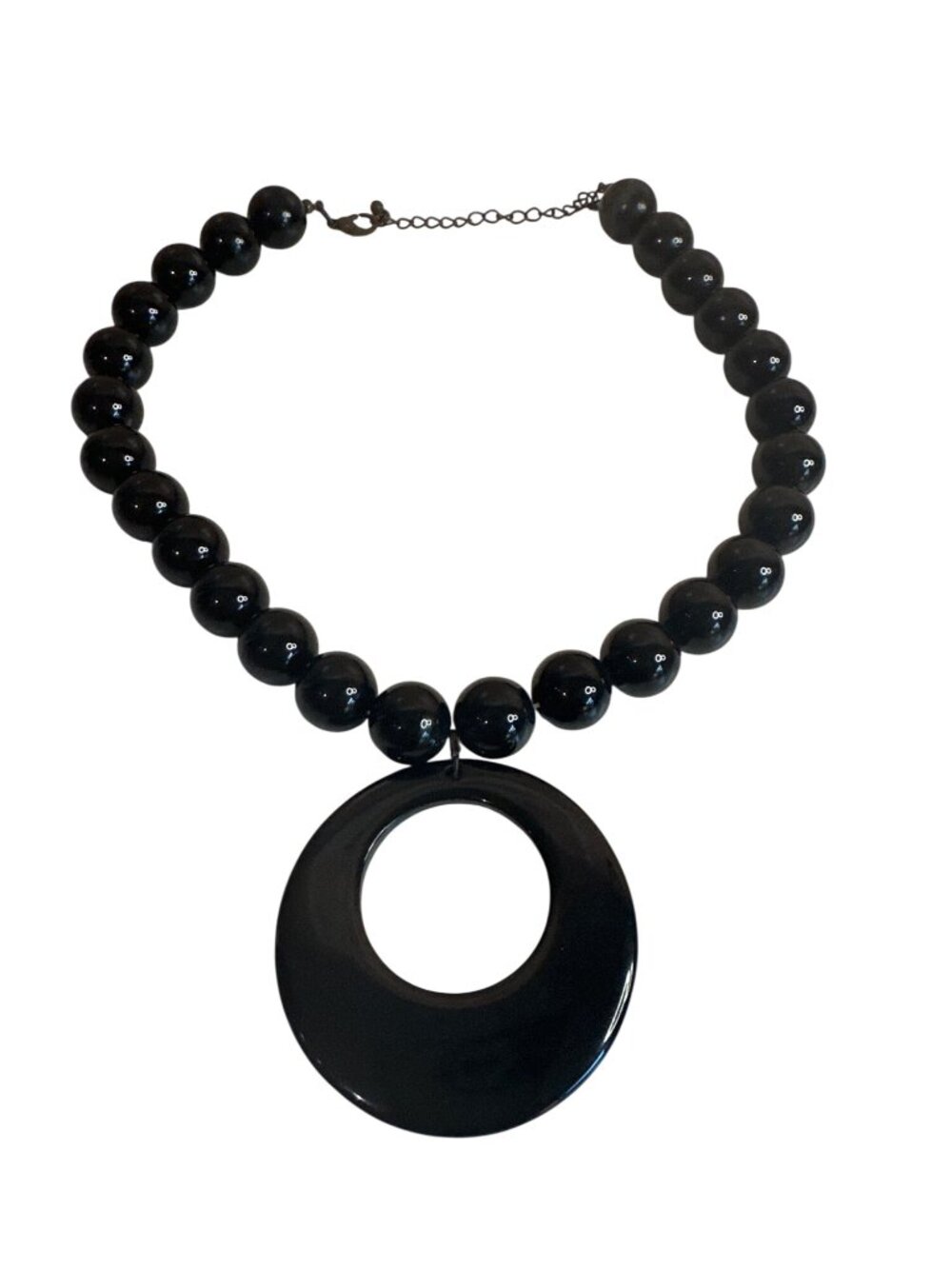 Vintage Black Beaded Necklace Large Circular Pendant Chunky Glossy Career 80s